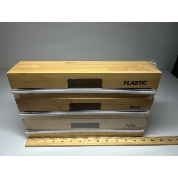 New Bamboo Plastic Wrap Wax Paper Foil Dispenser Organizer Cutter by Corvanta - Picture 6 of 7